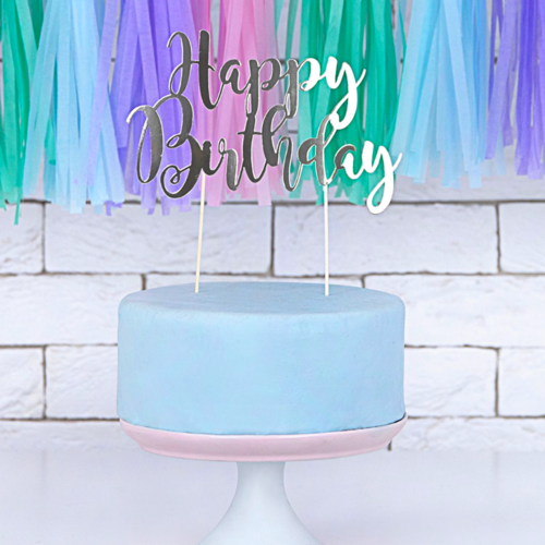 CAKE TOPPER PARTYDECO - "HAPPY BIRTHDAY" PRATEADO